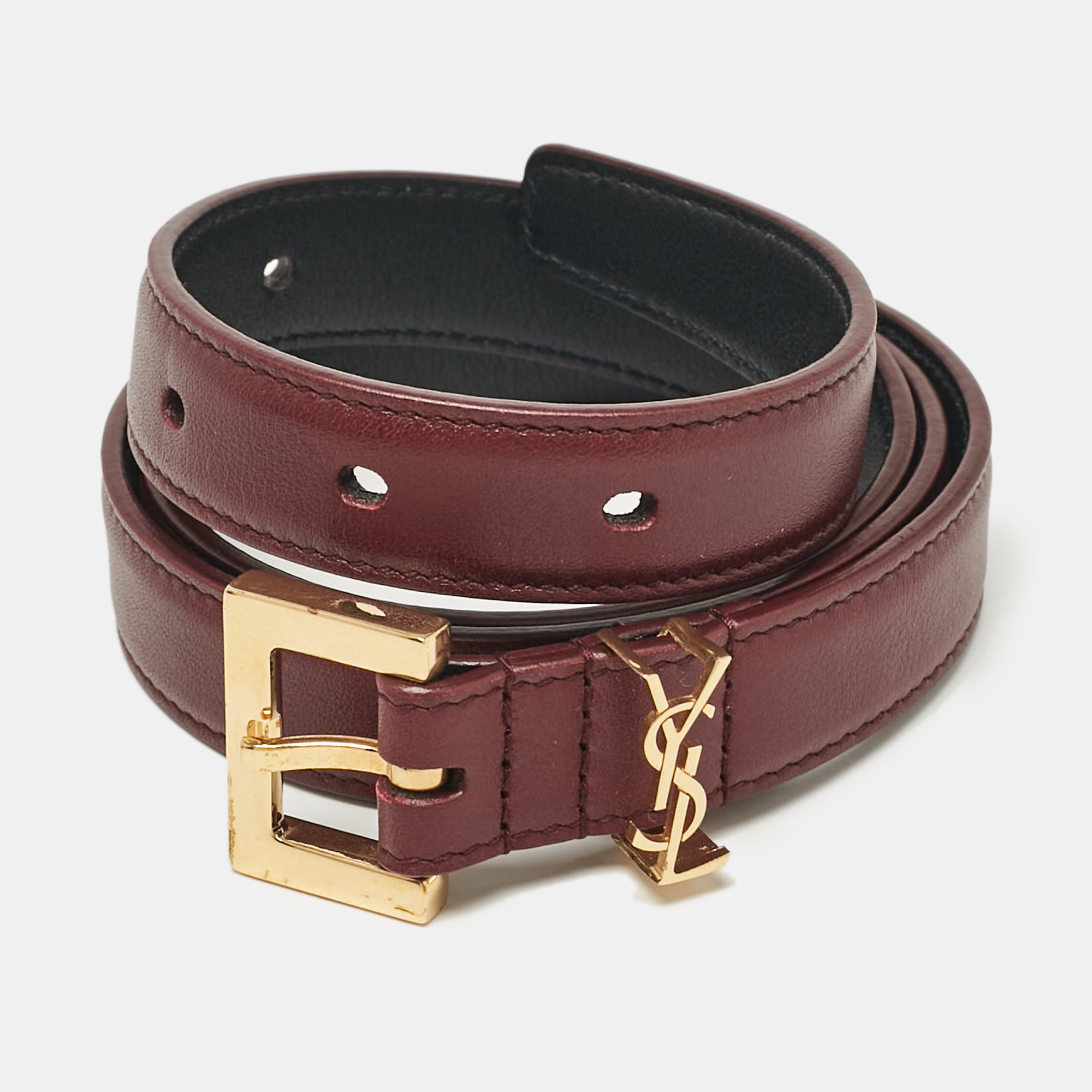 

Saint Laurent Burgundy Leather Buckle Slim Belt