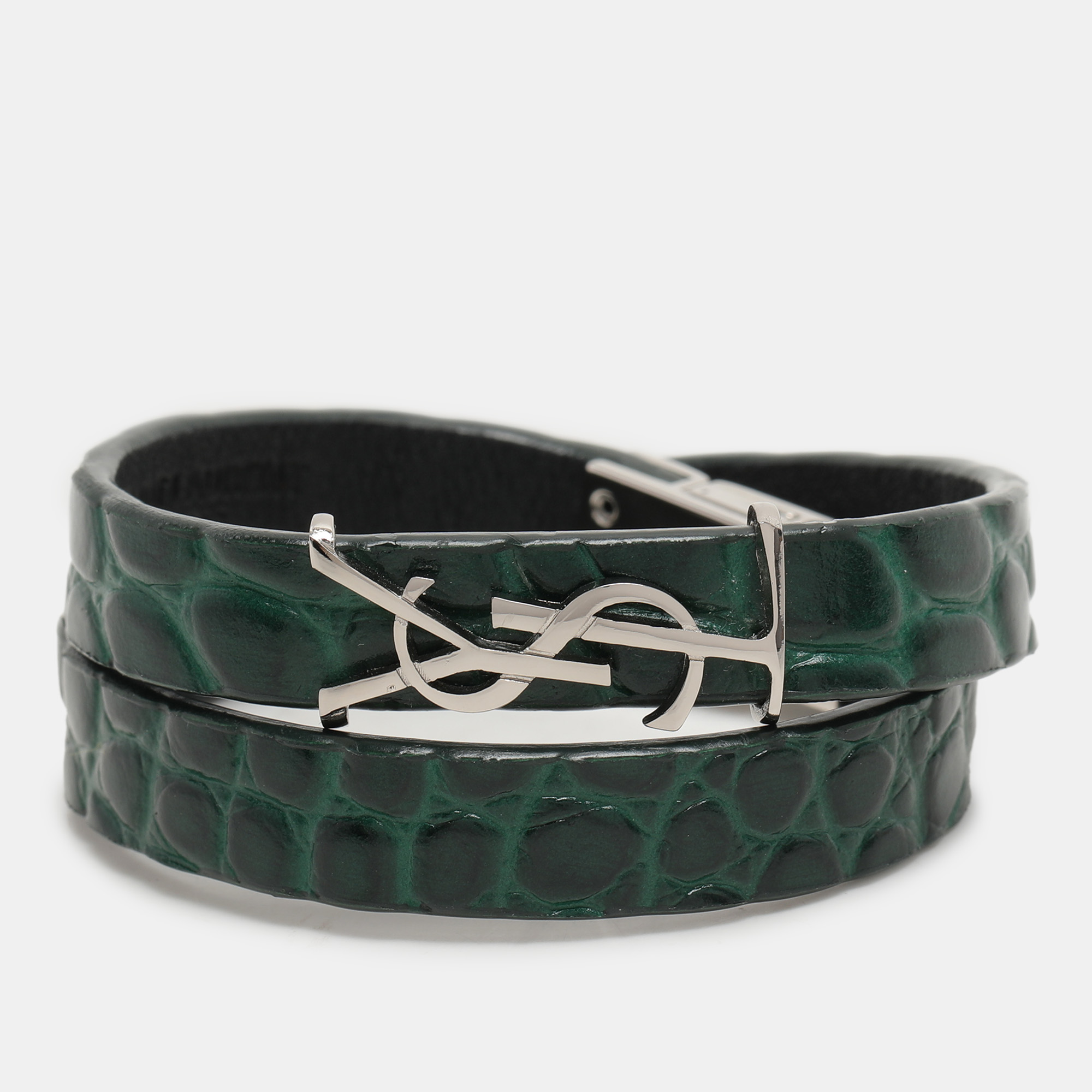 

Saint Laurent Green Croc Embossed Leather YSL Monogram Double Wrap Bracelet