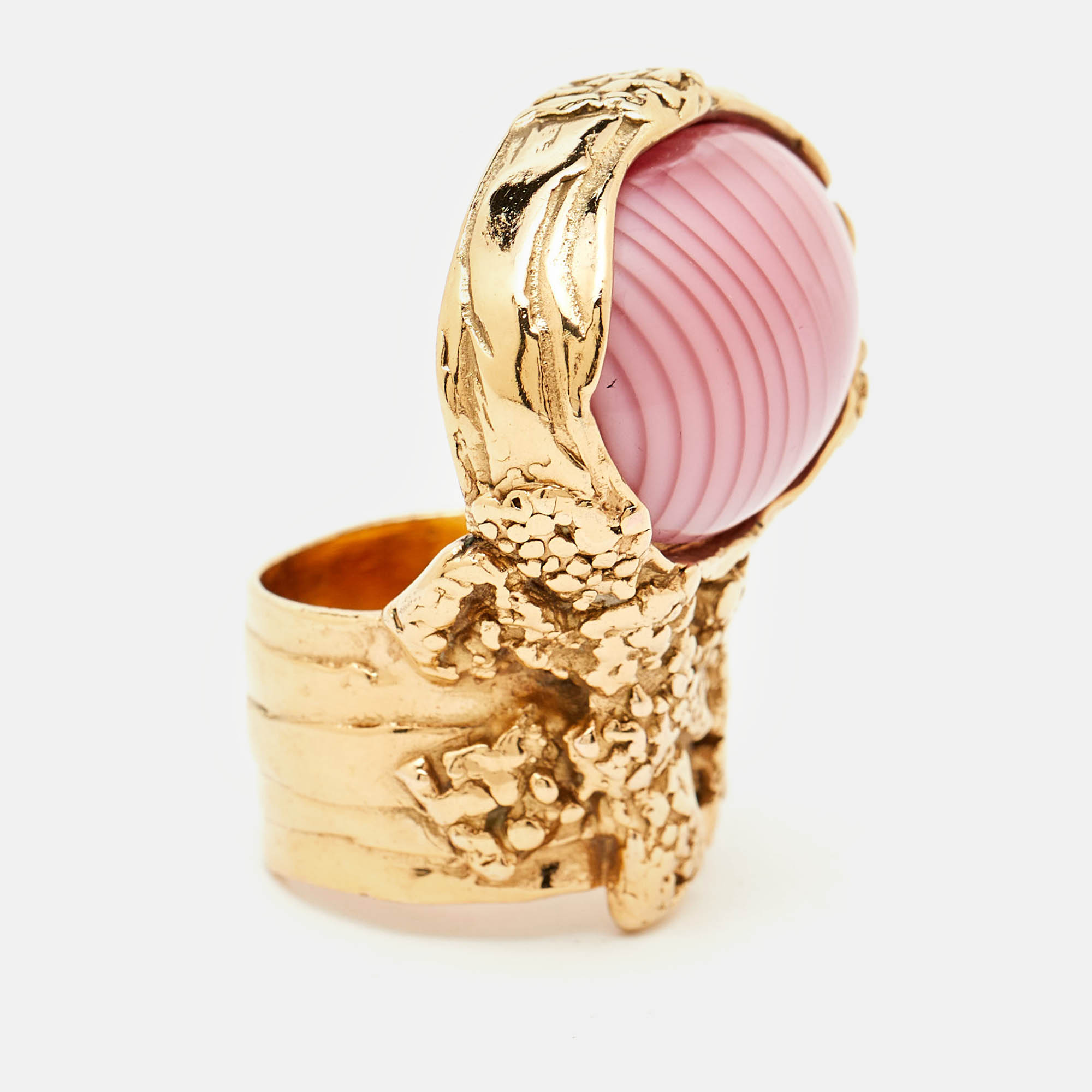 

Saint Laurent Pink Cabochon Arty Gold Tone Cocktail Ring Size