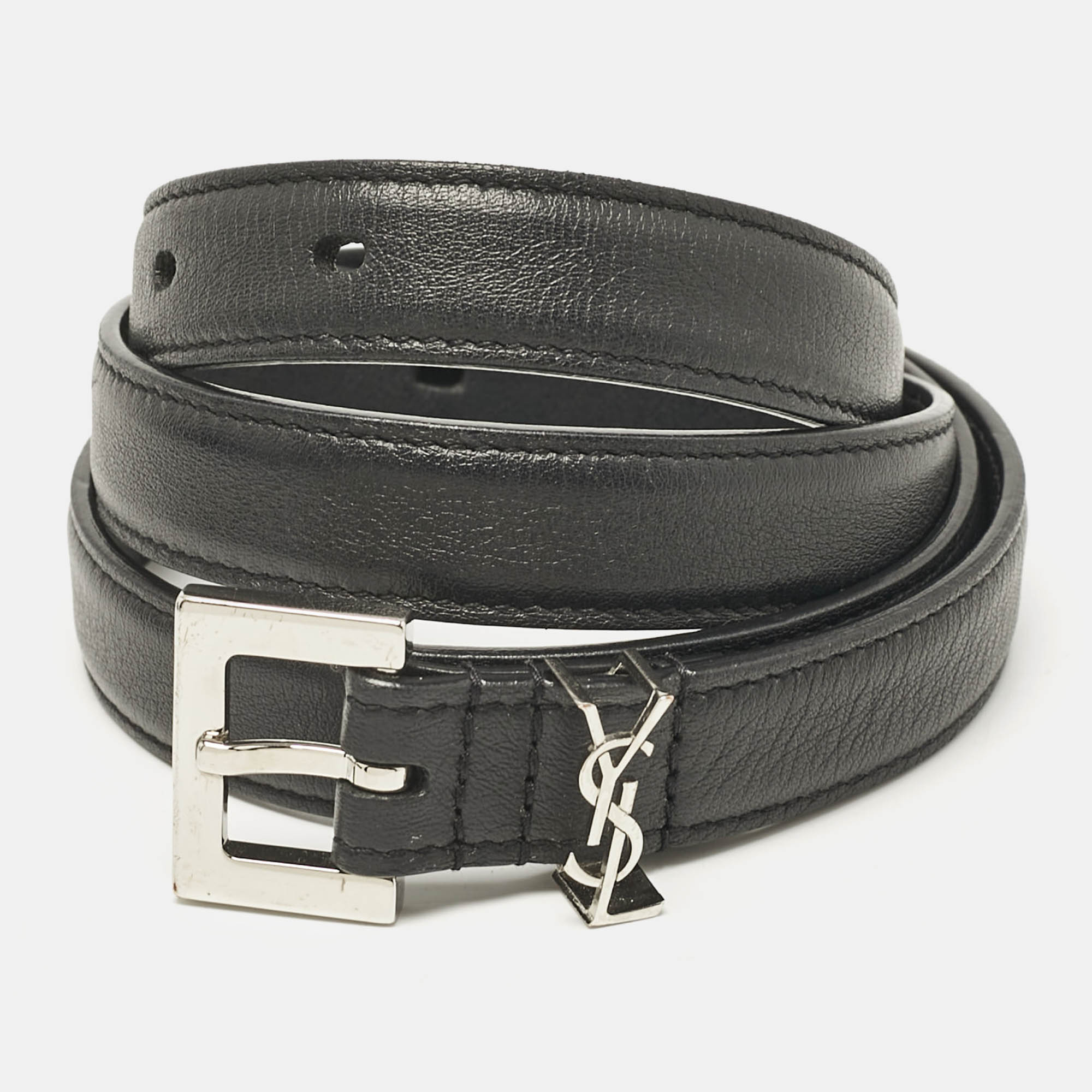 

Saint Laurent Black Leather Cassandre Buckle Belt 80CM