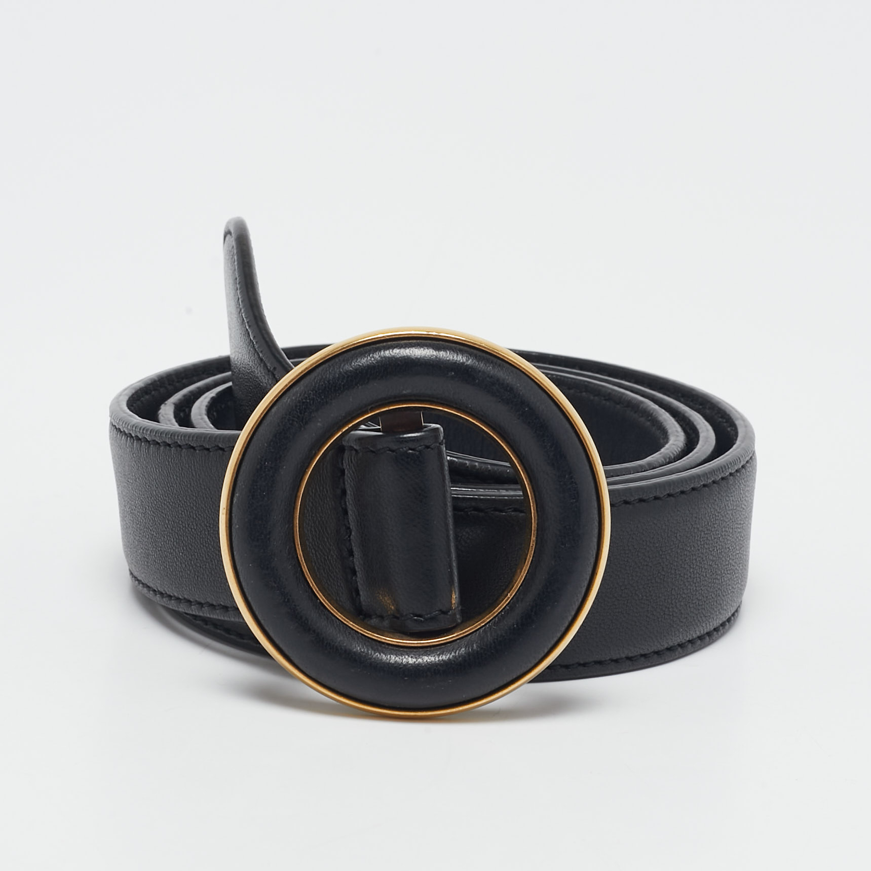 

Saint Laurent Black Leather Round Buckle Belt 75CM