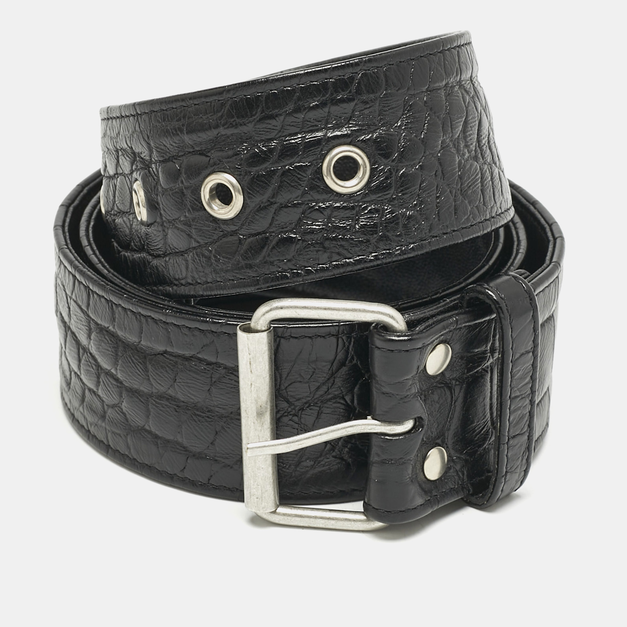 

Saint Laurent Black Croc Embossed Leather Buckle Belt 85CM