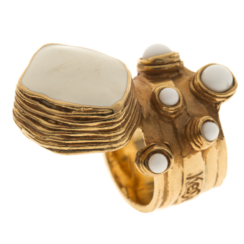 Saint Laurent Paris Arty Oval and Dots Enamel Gold Tone Ring Size 54.5
