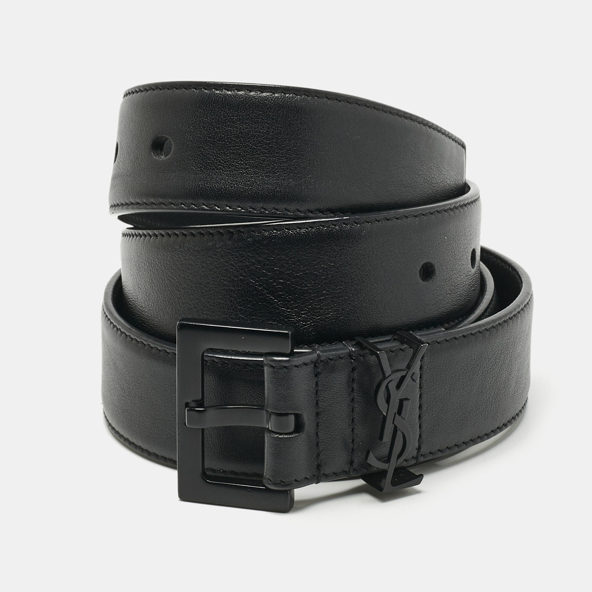 

Saint Laurent Black Leather Cassandre Buckle Belt