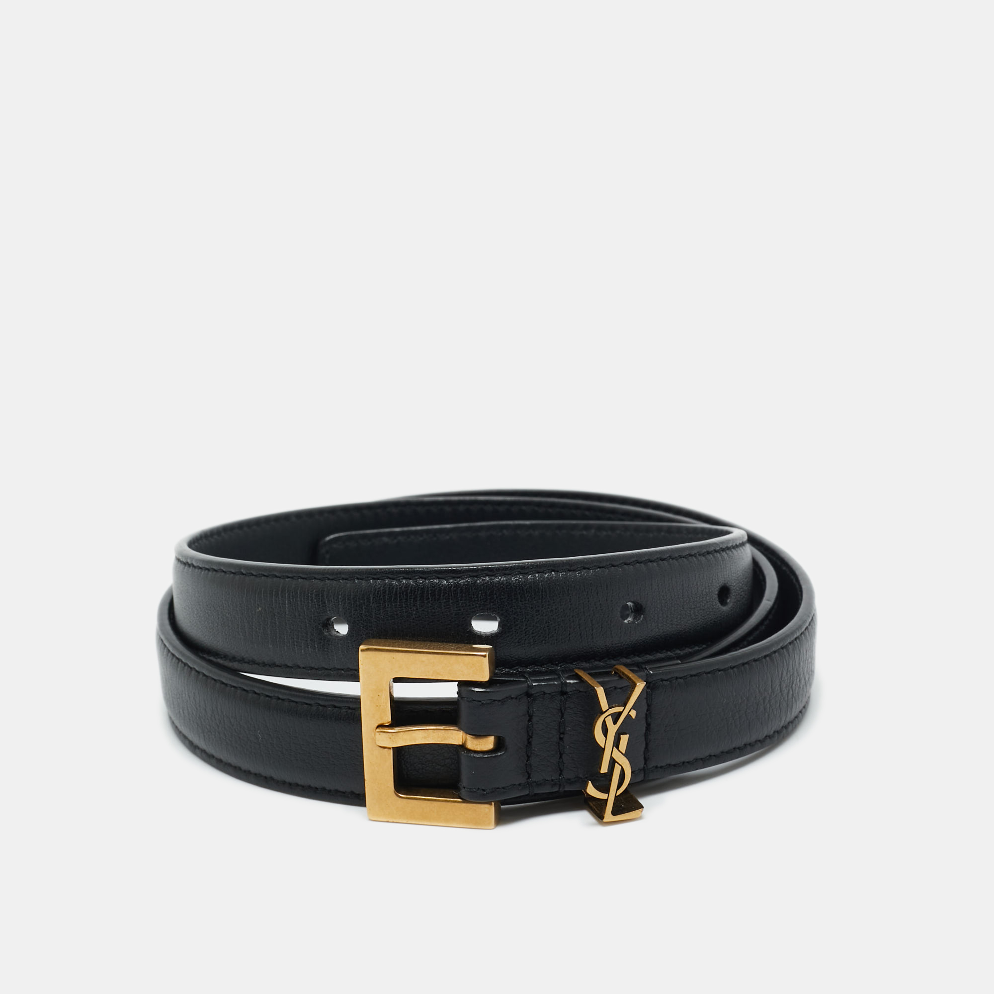 Pre-owned Saint Laurent Black Leather Cassandre Slim Belt 70 Cm