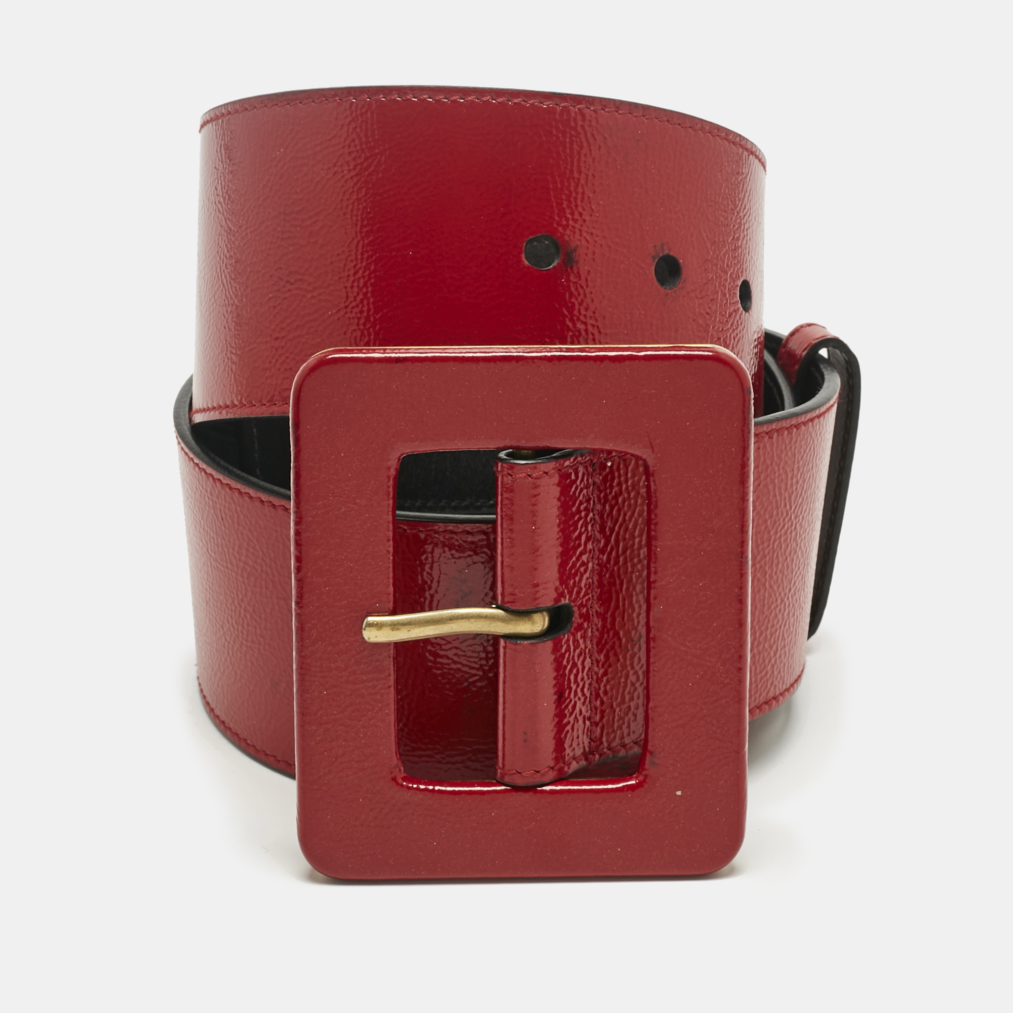 Pre-owned Saint Laurent Red Patent Leather Buckle Waist Belt 80cm