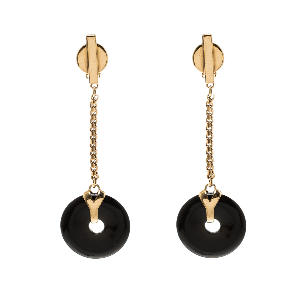 Pre Owned Saint Laurent Paris Black Resin Disc Gold Tone Clip-on Drop Earrings