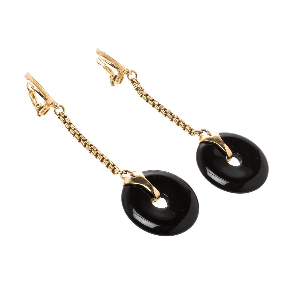 

Saint Laurent Paris Black Resin Disc Gold Tone Clip-on Drop Earrings