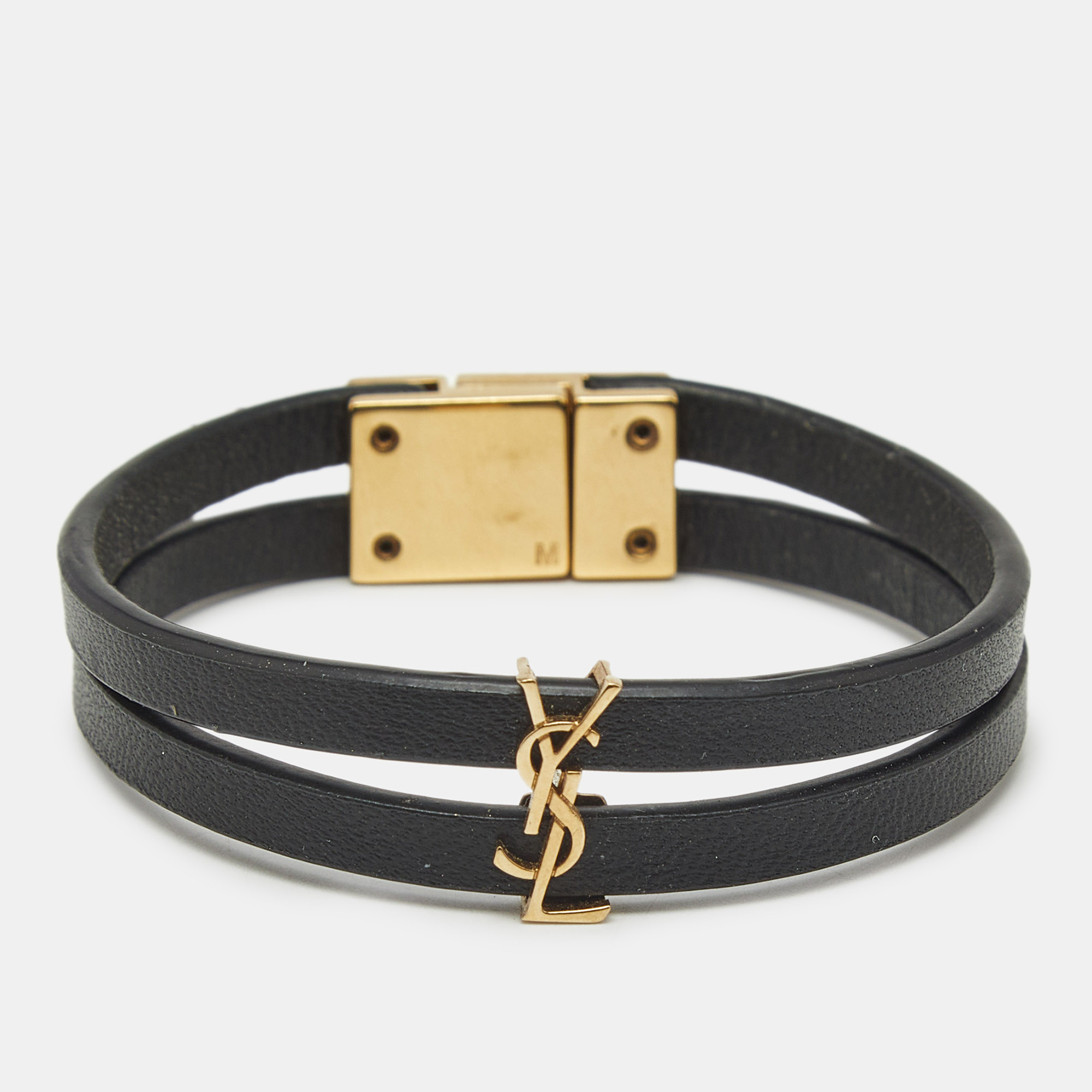 Pre-owned Saint Laurent Cassandre Leather Gold Tone Bracelet