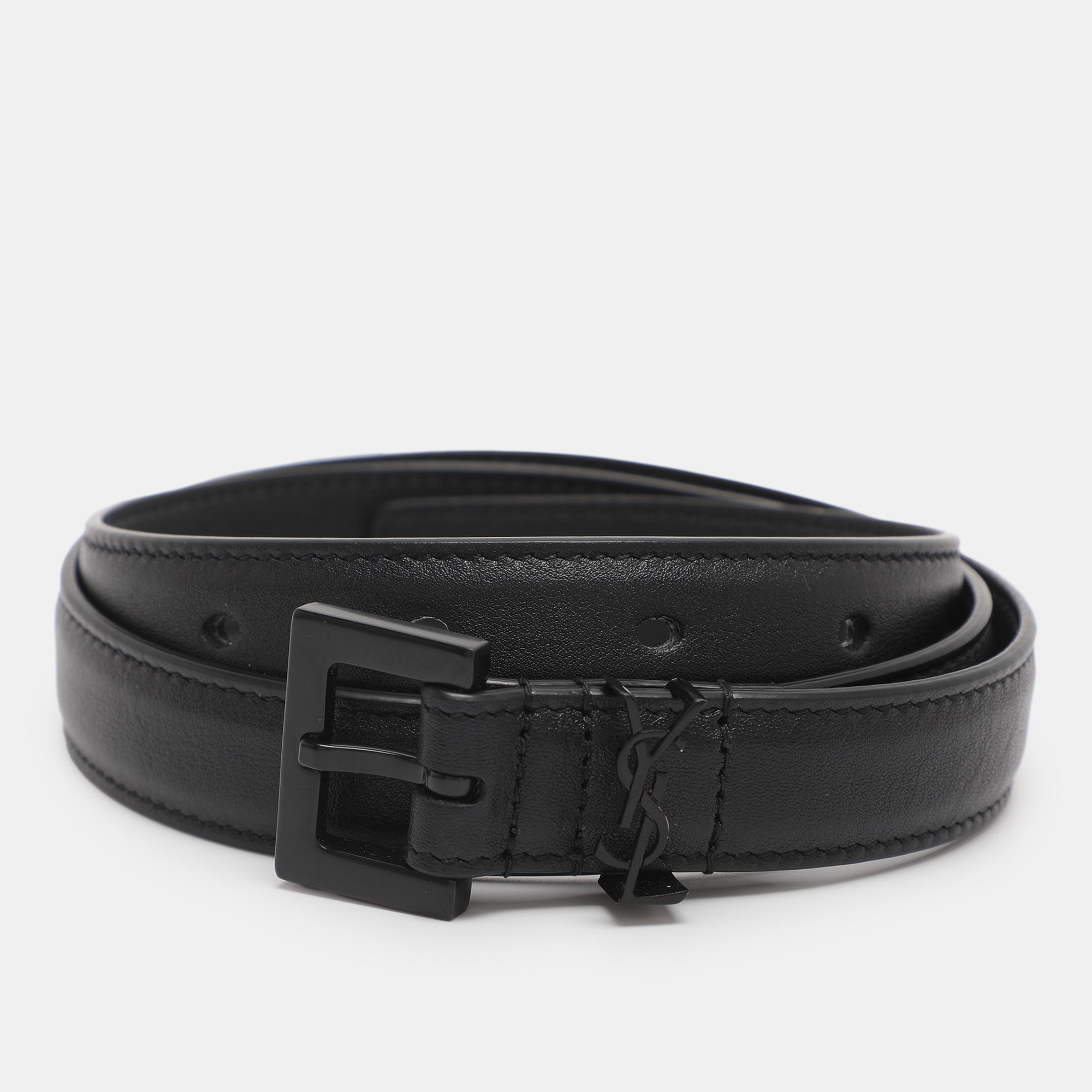 Pre-owned Saint Laurent Black Leather Monogram Skinny Buckle Belt 70cm