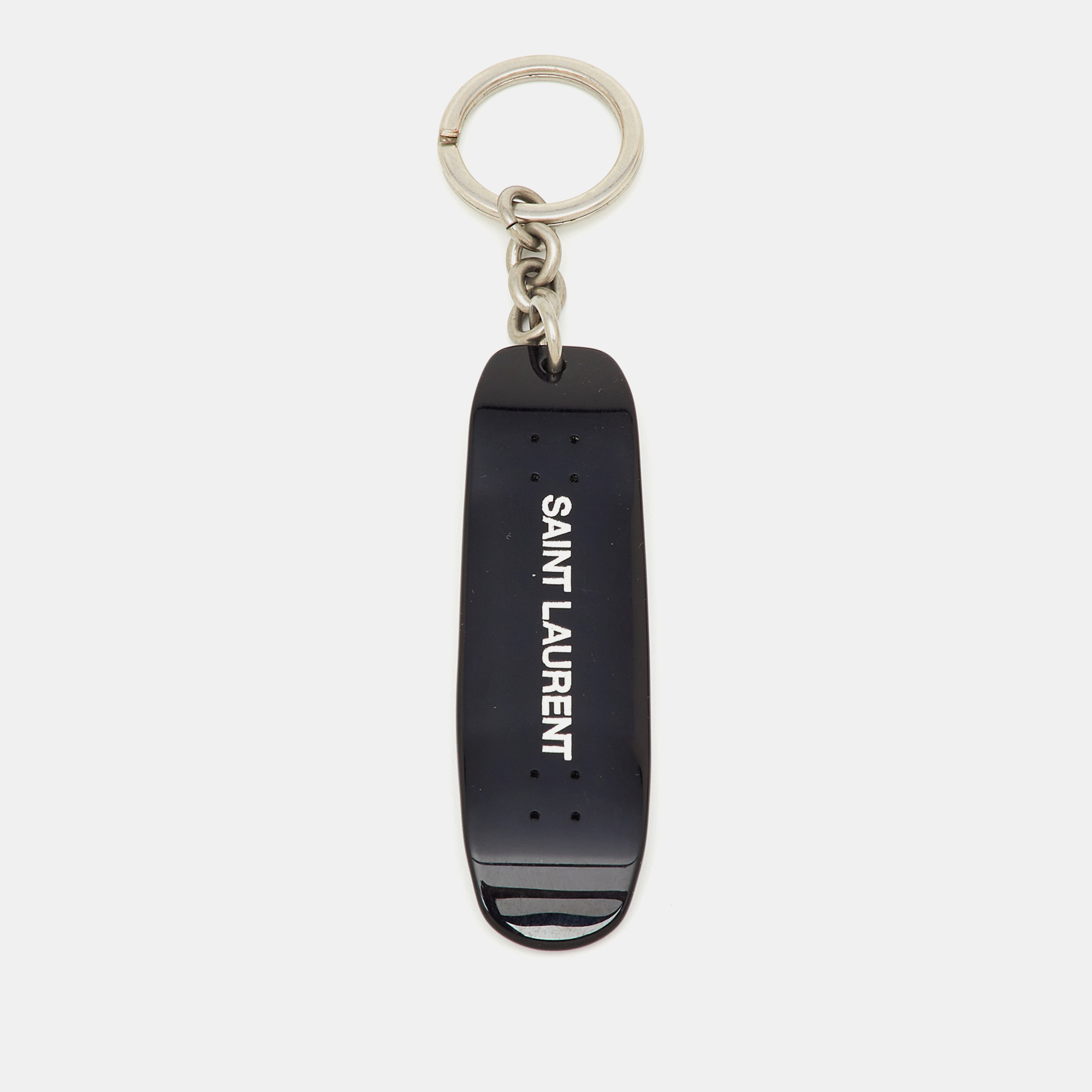 Pre-owned Saint Laurent Black Skateboard Motif Silver Tone Keyring