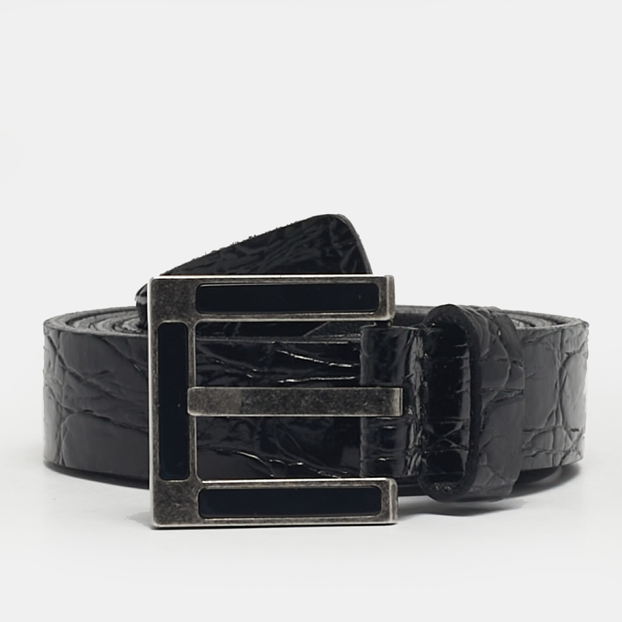 Pre-owned Saint Laurent Buckle Belt Black Crocodile Embossed Leather