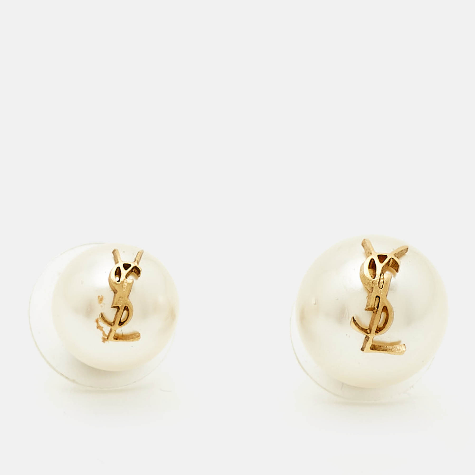

Saint Laurent Logo Faux Pearl Stud Earrings, White