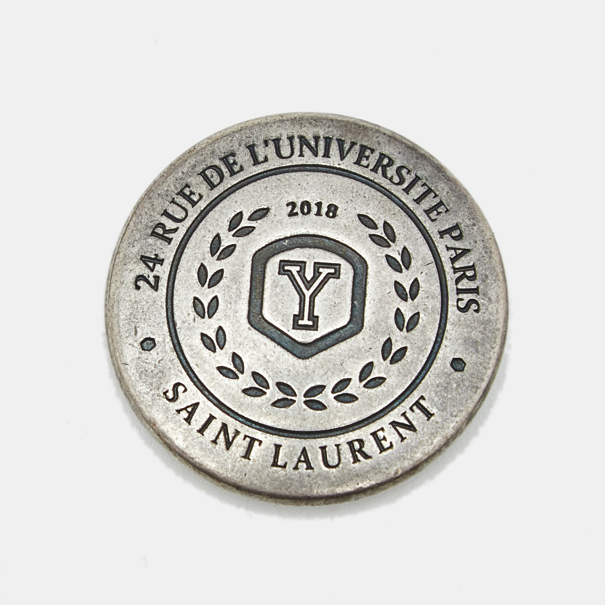 

Saint Laurent Paris Silver Tone Medallion Pin Brooch