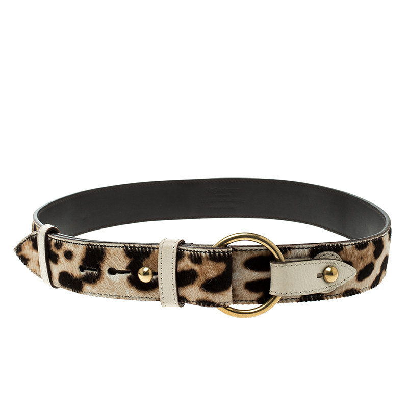 مملوكة مسبقًا حزام سان لوران جلد وشعر عجل طباعة فهد بيج فاتح 80 سم