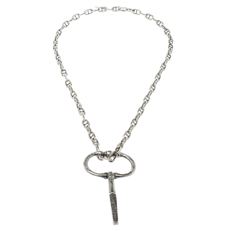 

Saint Laurent Large Key Silver Tone Chain Link Long Pendant Necklace