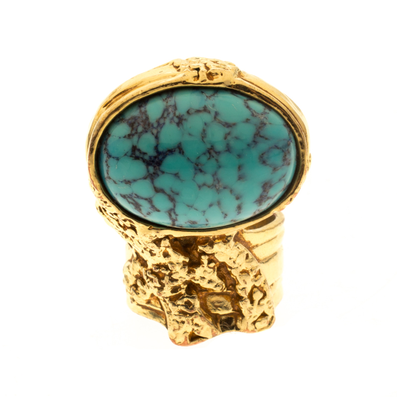 

Saint Laurent Arty Blue Glass Cabochon Gold Tone Ring Size