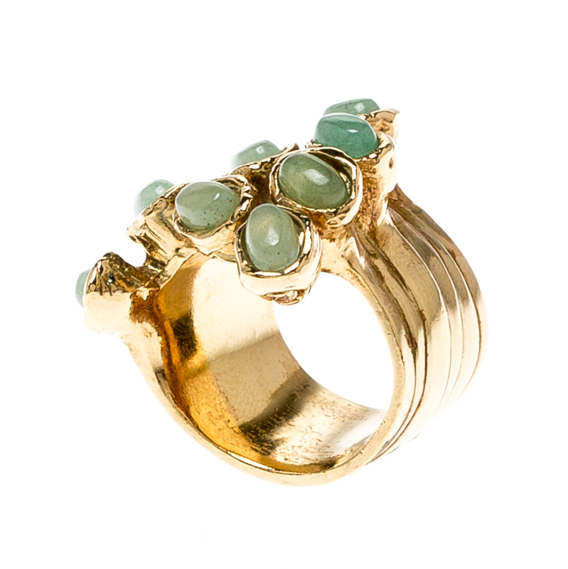 Pre Owned خاتم سان لوران باريس أرتي دوتس أحجار خضراء ذهبي اللون مقاس 54.5