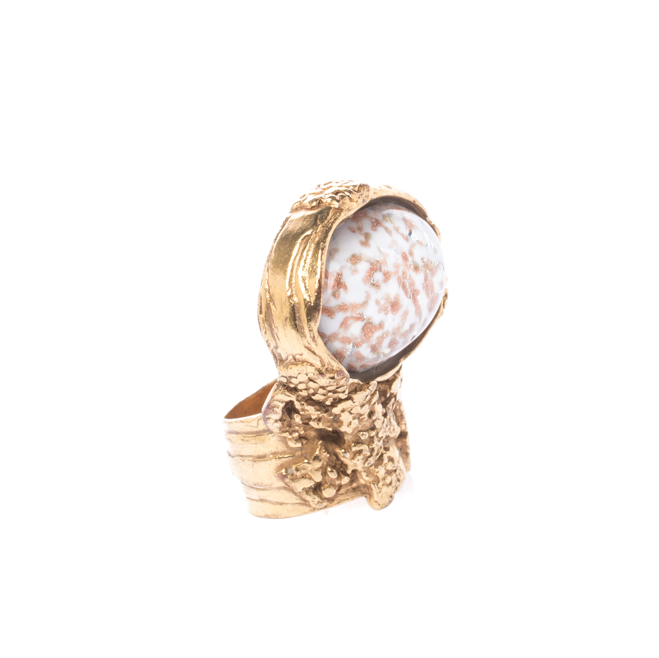 Pre Owned Saint Laurent Arty White Glass Cabochon Gold Tone Ring Size 52