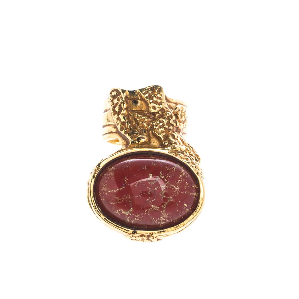 

Saint Laurent Arty Red Glass Cabochon Gold Tone Ring Size