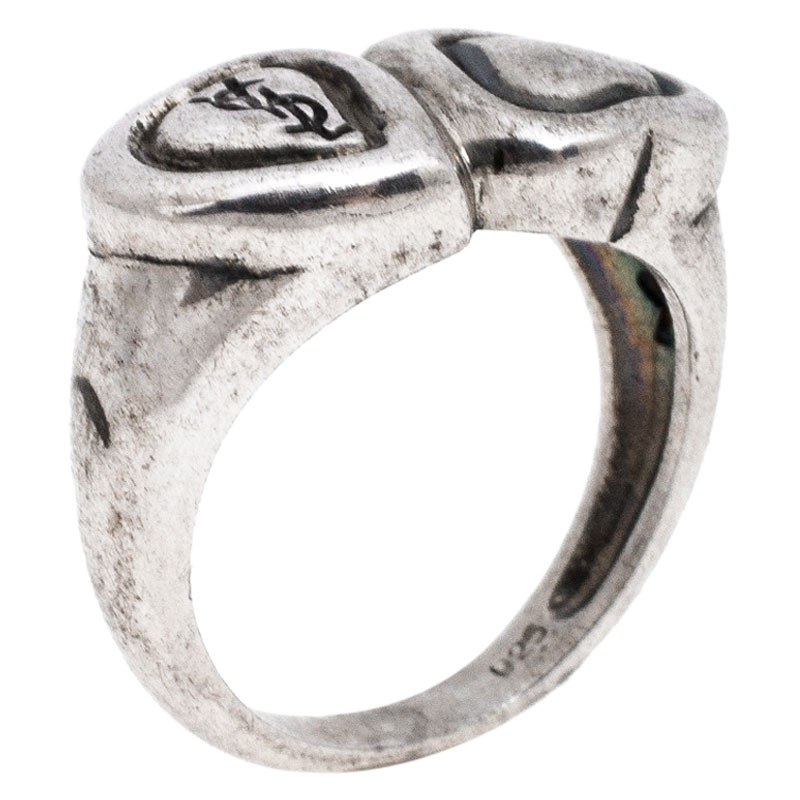 Pre Owned Saint Laurent Paris Sterling Silver Double Heart Ring Size 52