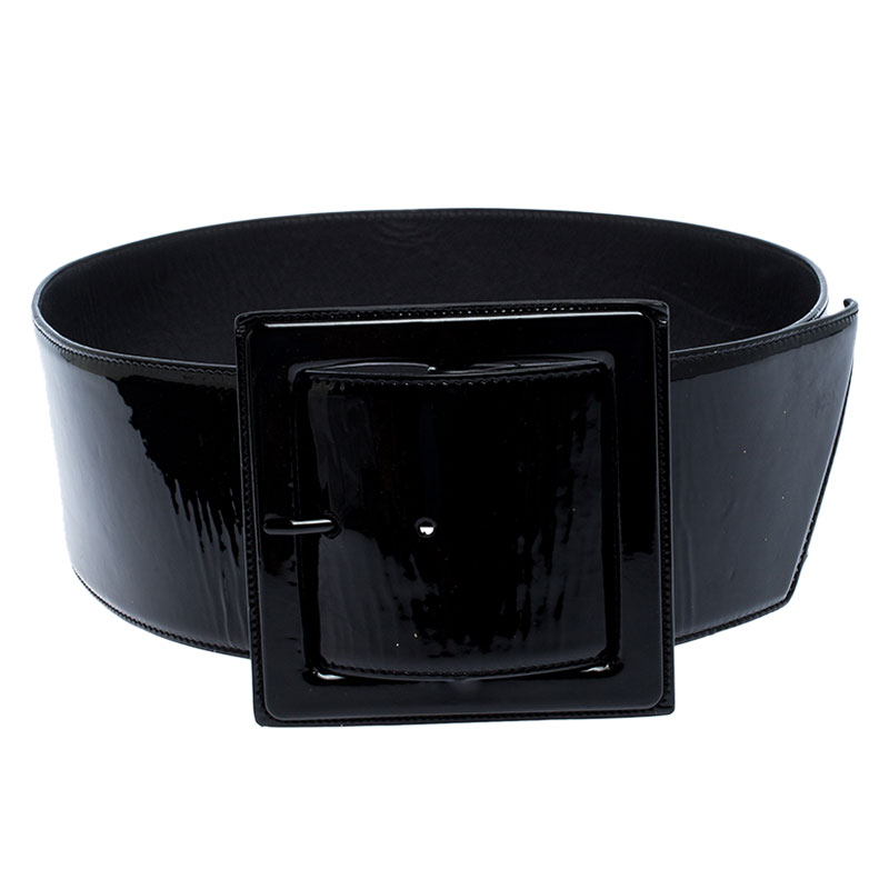 مملوكة مسبقًا حزام سان لوران إبزيم خصر جلد لامع أسود 80 سم