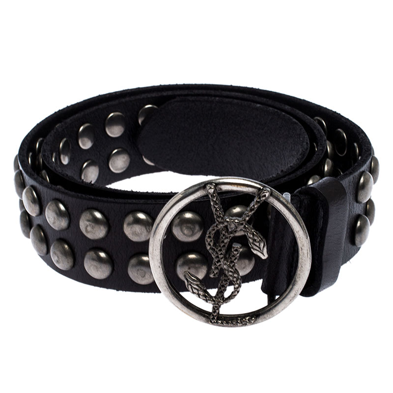 

Saint Laurent Paris Black Studded Leather Snake Buckle Belt