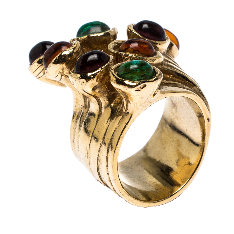 مملوكة مسبقًا Saint Laurent Paris Arty Dots Multicolor Cabochon Gold Tone Cocktail Ring Size 54.5