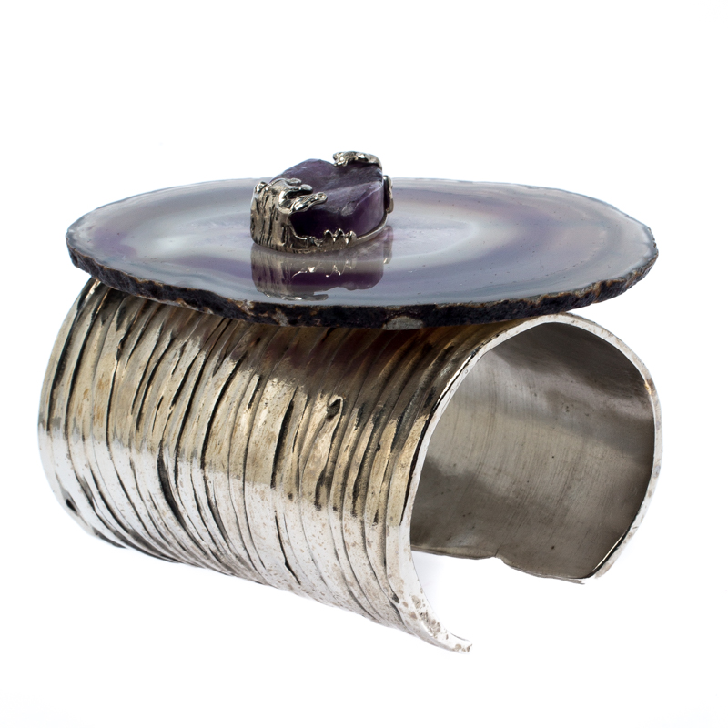 

Yves Saint Laurent Amethyst Agate Silver Tone Jasper Arty Cuff Bracelet, Purple