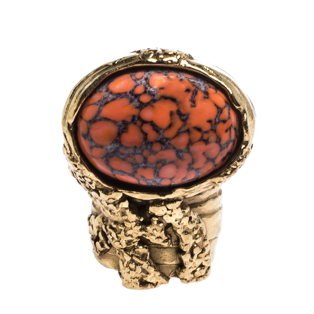 

Saint Laurent Paris Arty Coral Glass Cabochon Gold Tone Ring Size, Orange