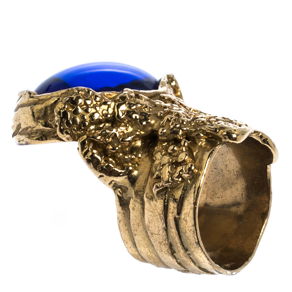Pre Owned Saint Laurent Paris Arty Blue Glass Cabochon Gold Tone Ring Size 54.5
