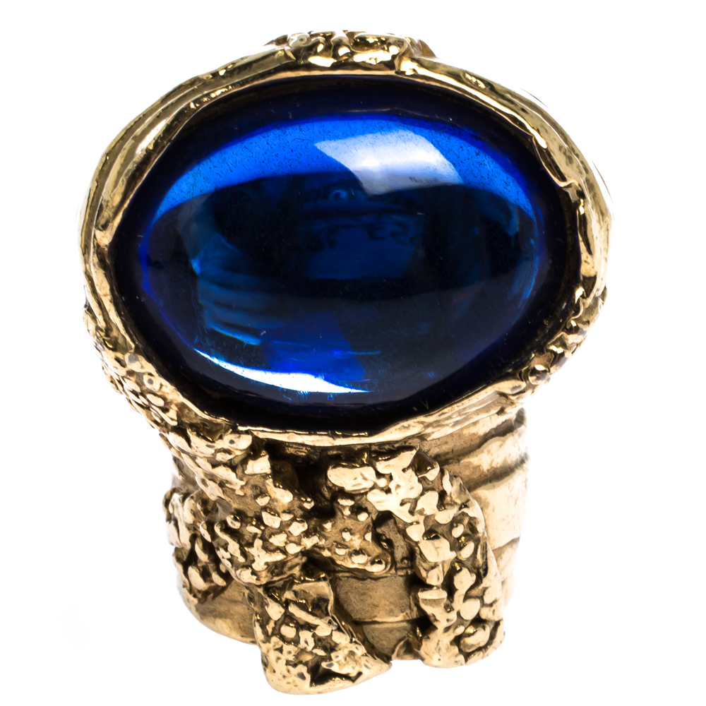 

Saint Laurent Paris Arty Blue Glass Cabochon Gold Tone Ring Size