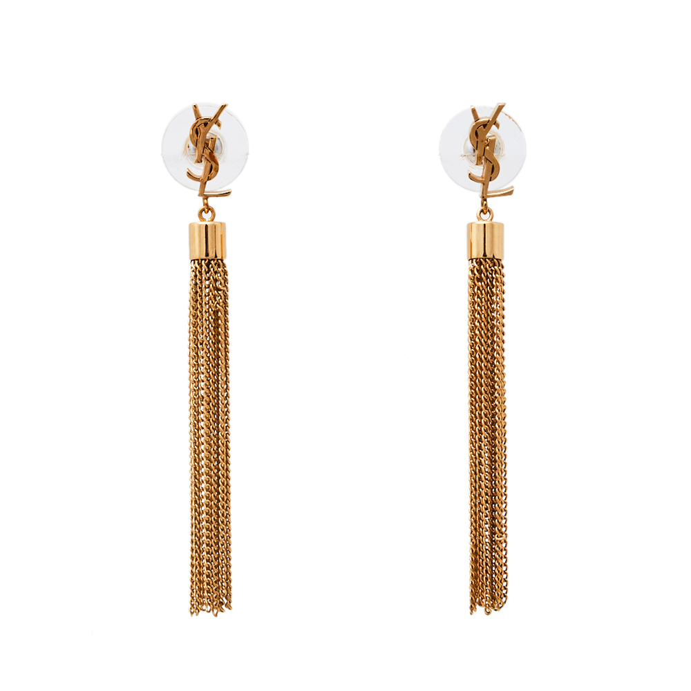 Pre-owned Saint Laurent Monogram Mini Tassel Earrings In Gold