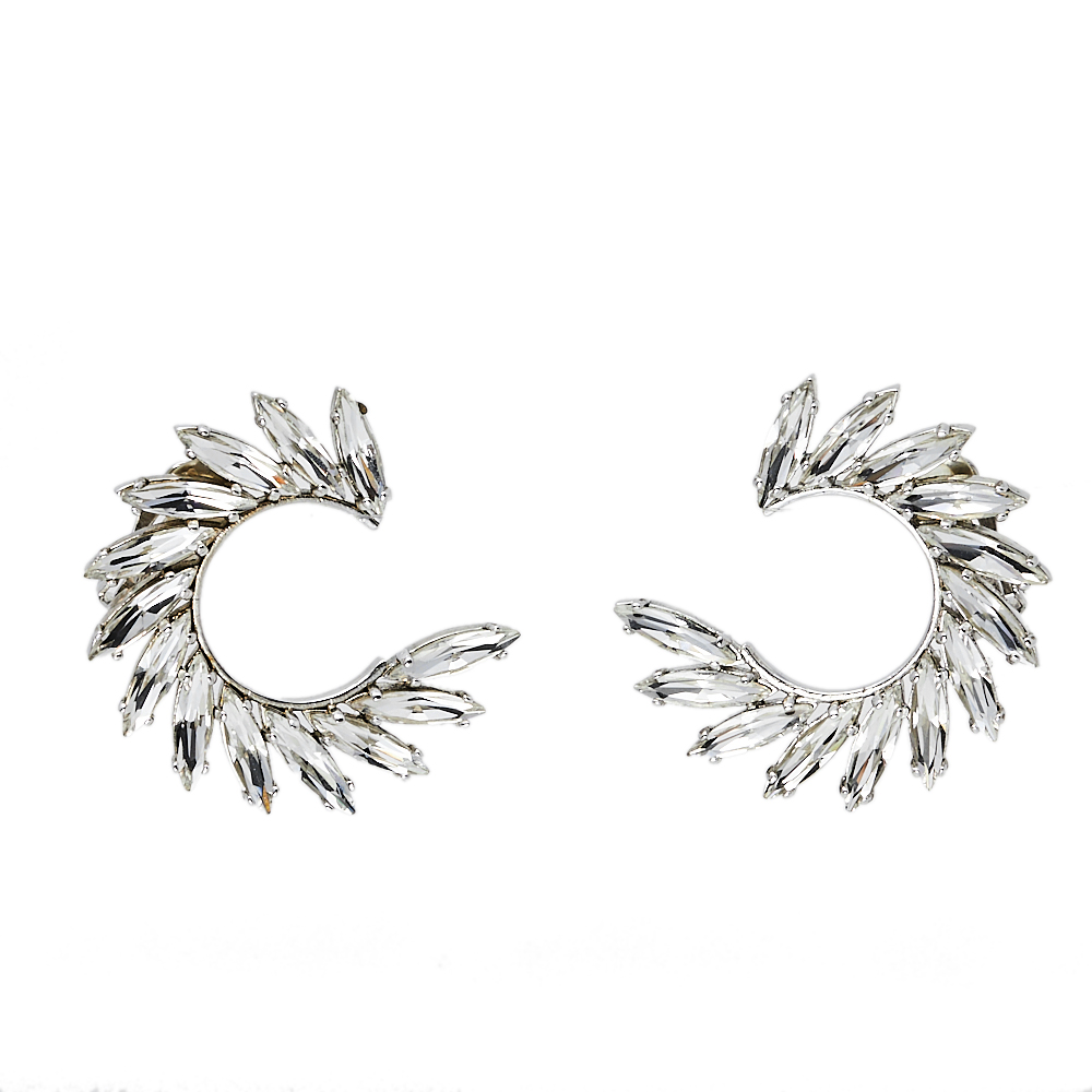 Pre-owned Saint Laurent Yves  Silver Tone Crystal Wreath Circle Clip-on Earrings