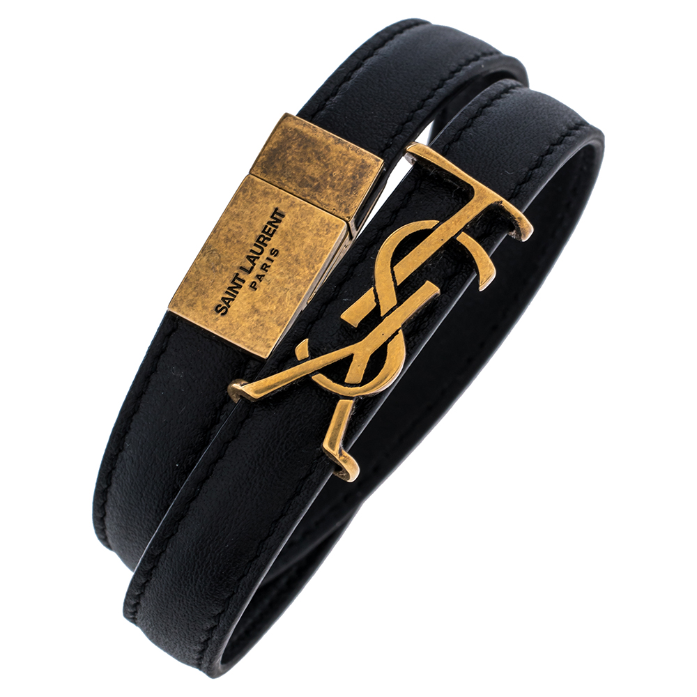 

Saint Laurent Paris Opyum Black Leather Gold Tone Double Wrap Bracelet