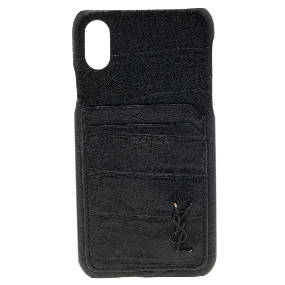 Pre-owned Saint Laurent Black Croc Embossed Leather Iphone Xs Case