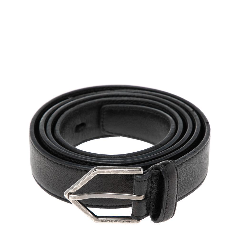 

Saint Laurent Black Leather Triangular Buckle Slim Belt
