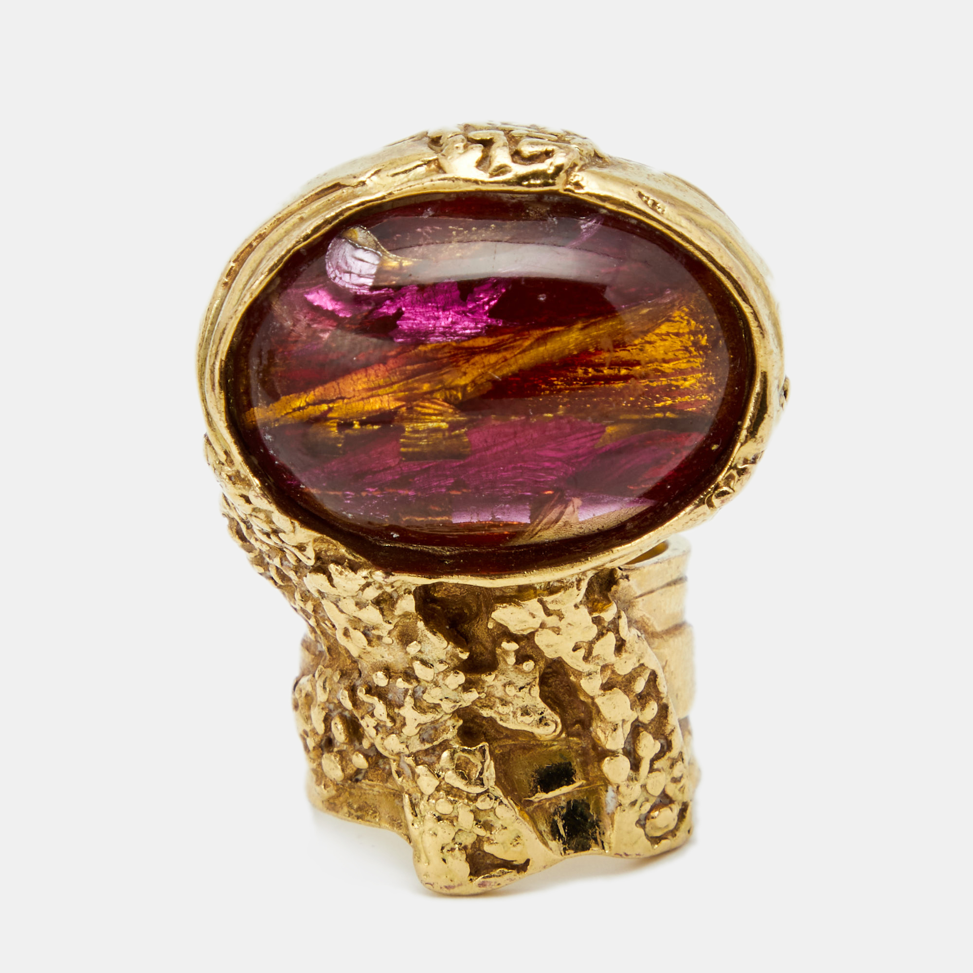 

Yves Saint Laurent Multi Color Glass Cabochon Arty Gold Tone Ring Size, Purple