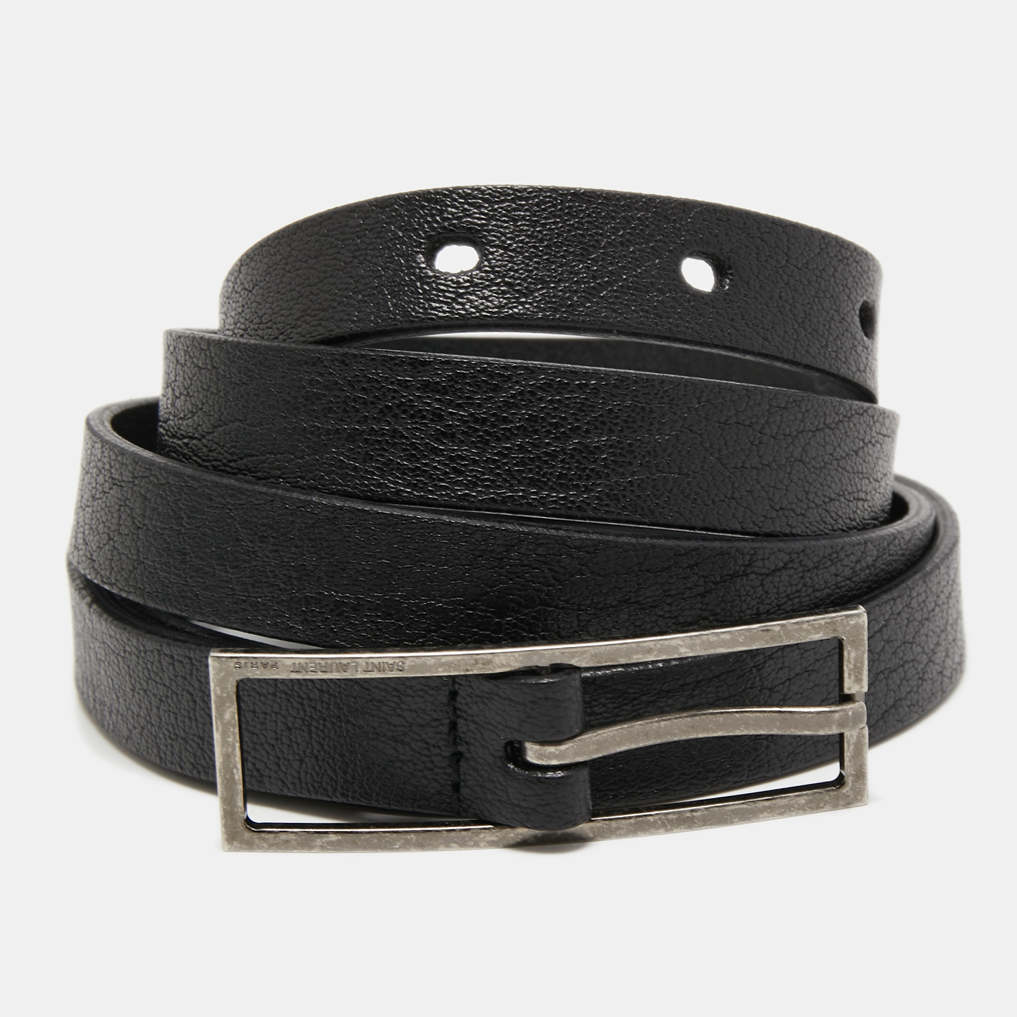 Pre-owned Saint Laurent Black Leather Slim Buckle Belt 100cm