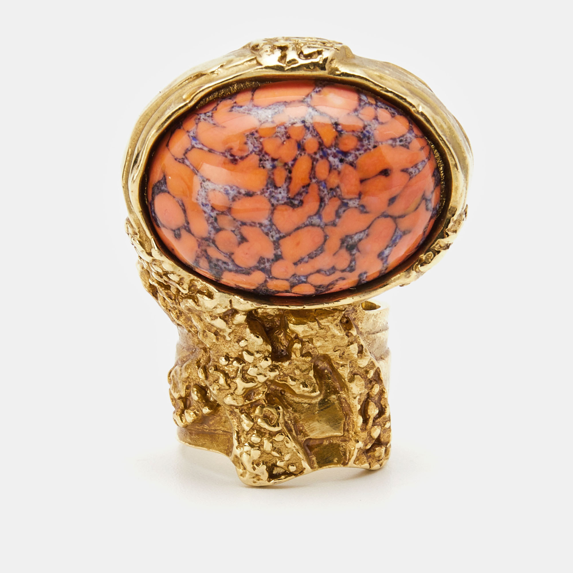 

Saint Laurent Arty Coral Glass Cabochon Gold Tone Ring Size