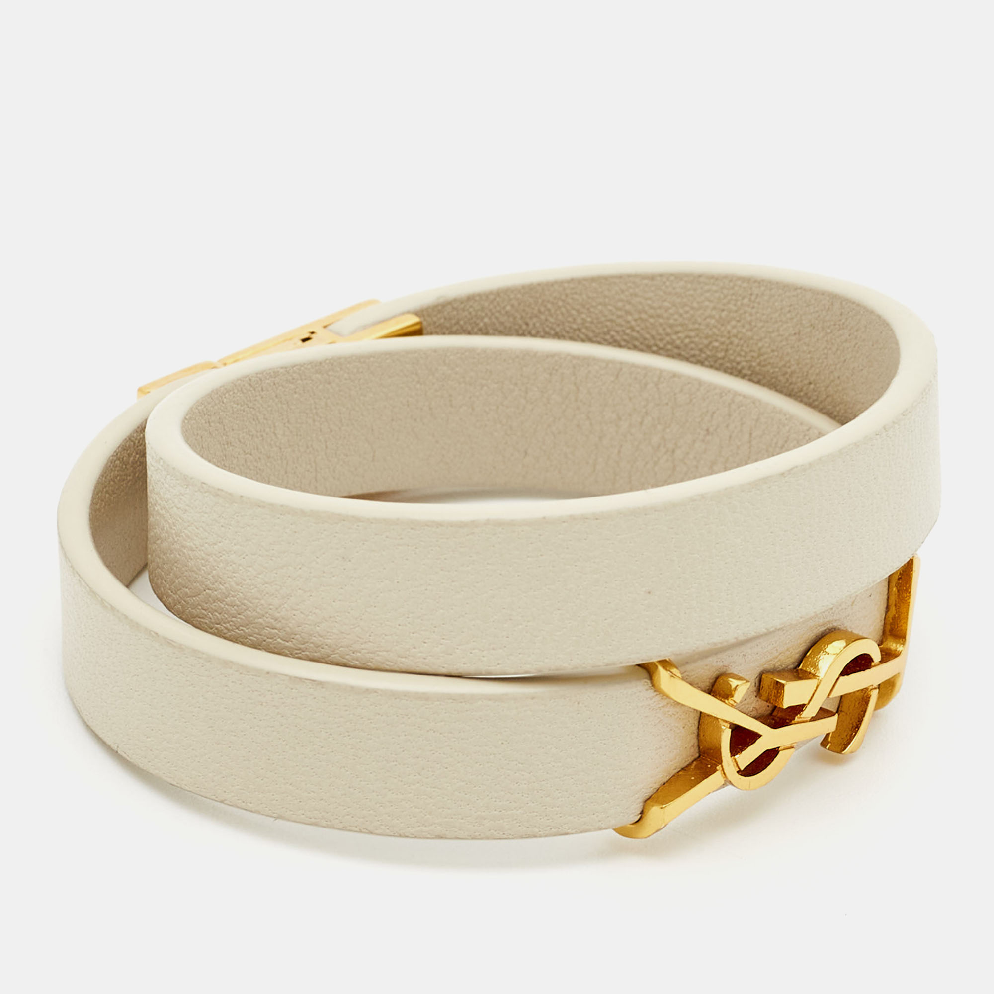 

Saint Laurent Paris White Leather Opyum Gold Tone Wrap Bracelet