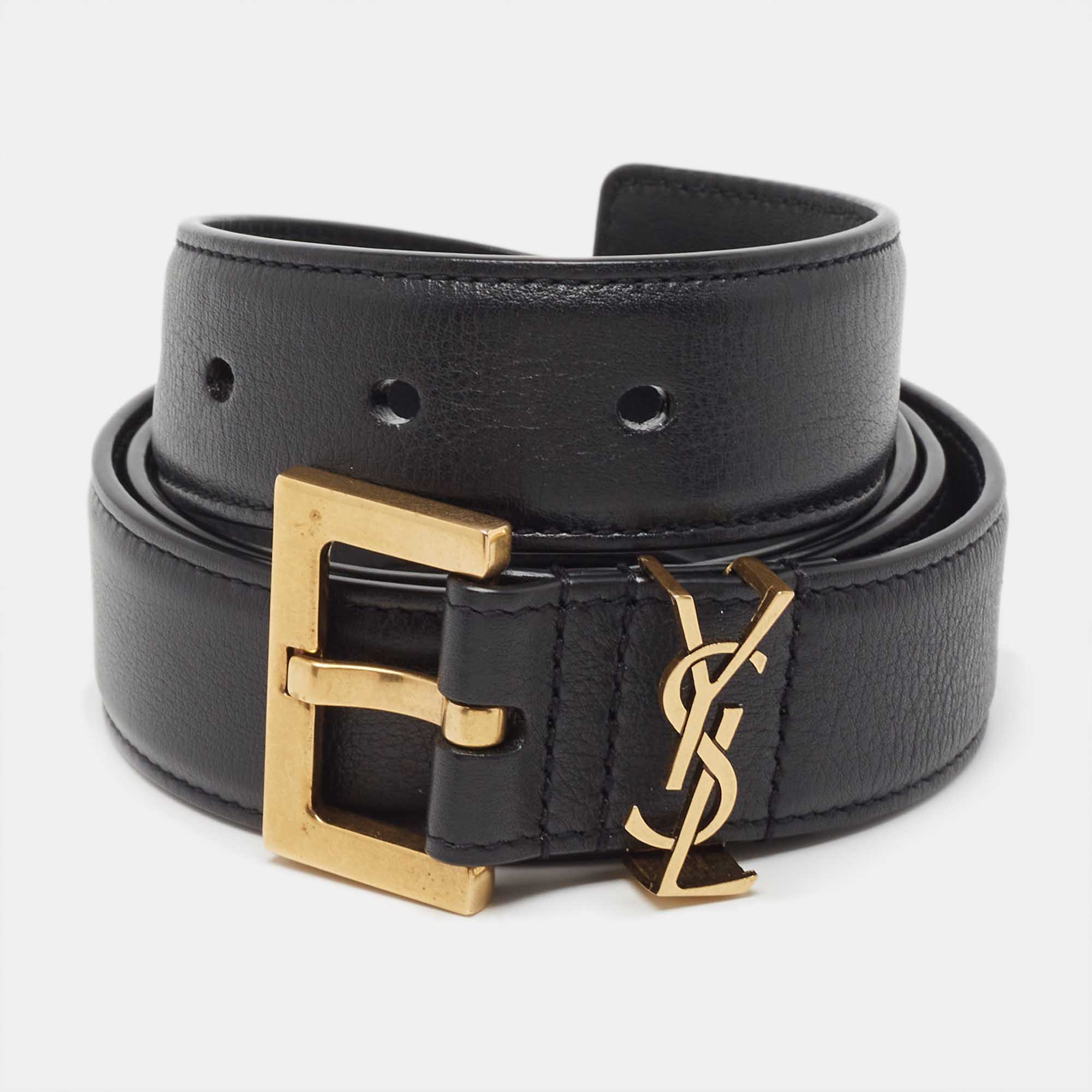 مملوكة مسبقًا Saint Laurent Black Leather Monogram Buckle Belt 80CM