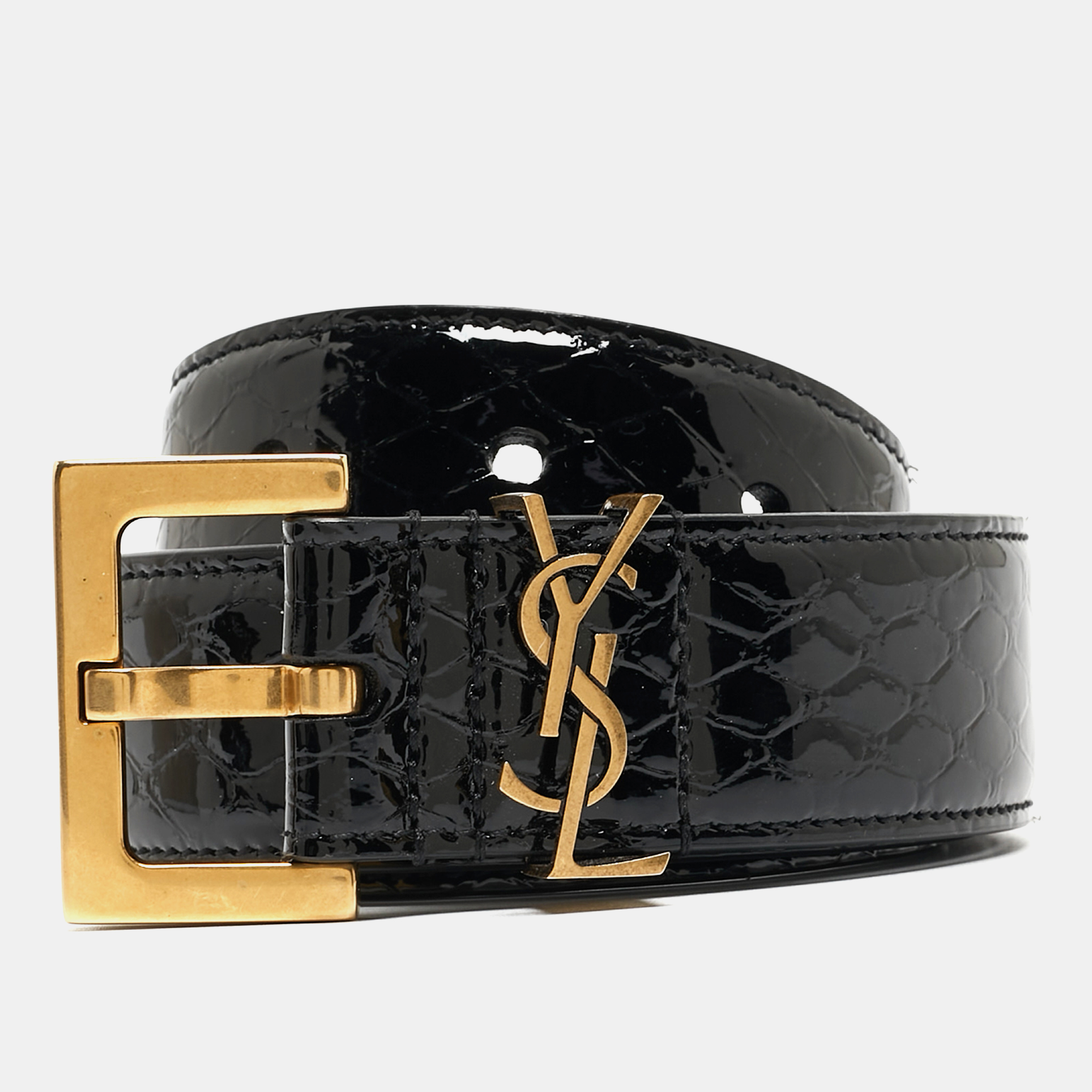 

Saint Laurent Black Embossed Patent Leather Monogram Square Buckle Belt