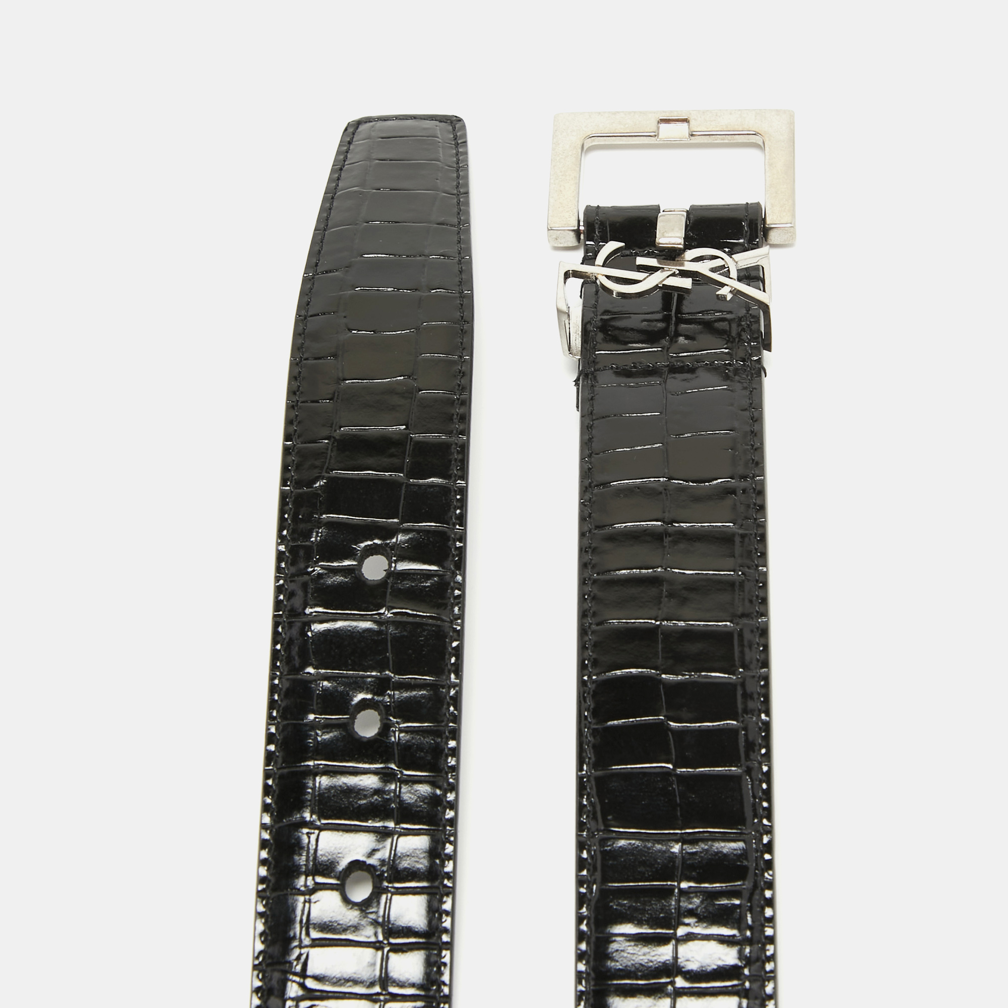 

Saint Laurent Black Croc Embossed Leather Monogram Square Buckle Belt