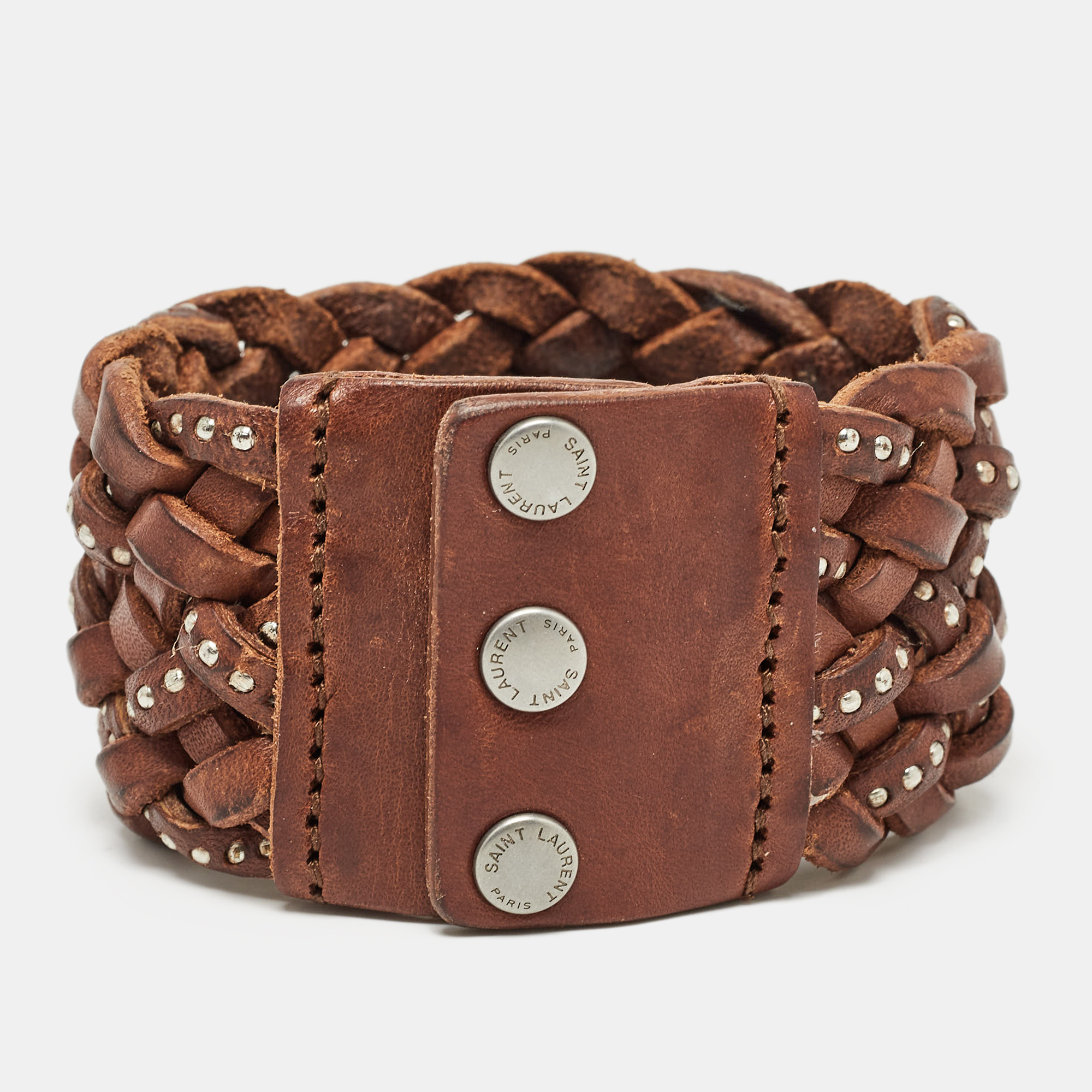 Pre-owned Saint Laurent Brown Studded & Braided Leather Wide Bracelet