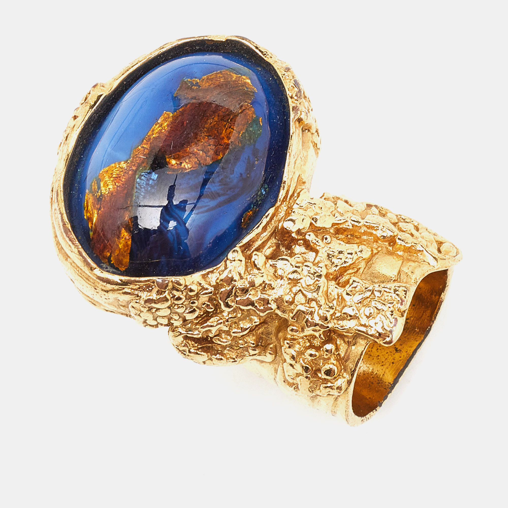 Pre-owned Saint Laurent Arty Blue Glass Cabochon Gold Tone Ring Size 52