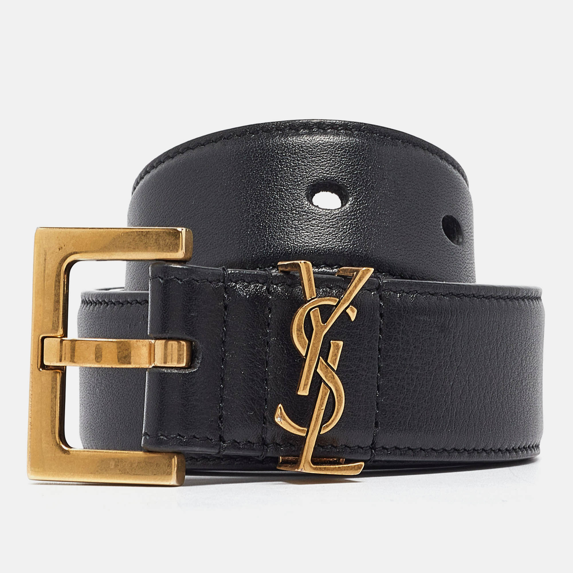 

Saint Laurent Black Leather Monogram Buckle Belt 75CM