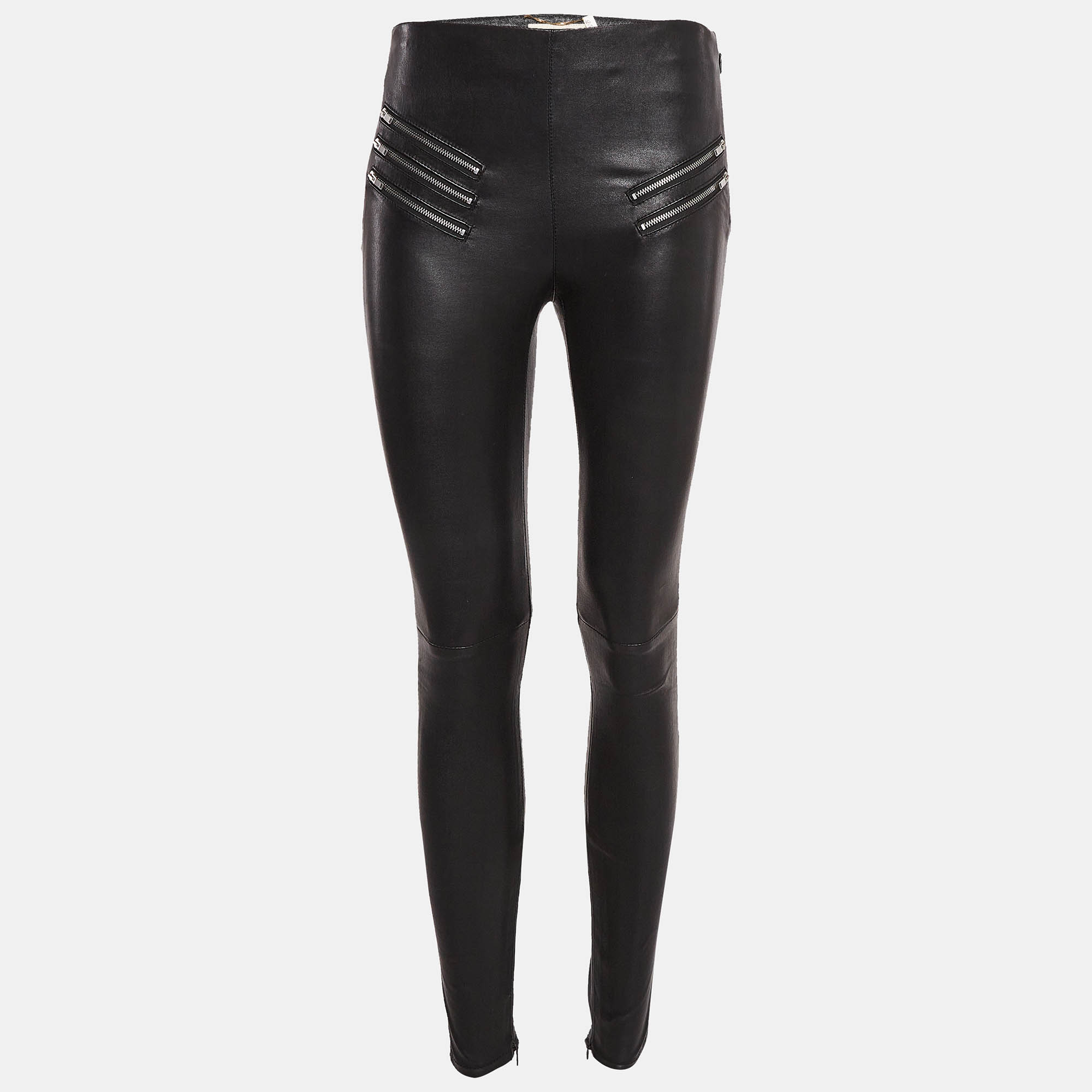 

Saint Laurent Black Leather Zipper Detail Skin Fit Pants S