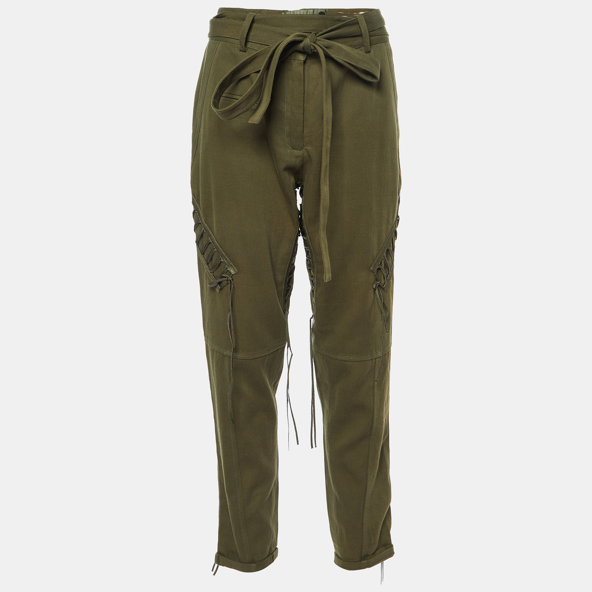 Pre-owned Saint Laurent Green Cotton Blend Lace Tie-up Military Trousers M