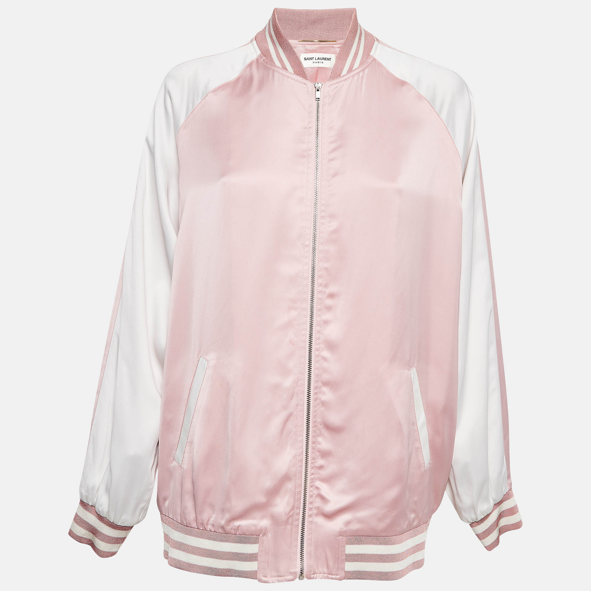 

Saint Laurent Pink/White Satin Bomber Jacket M